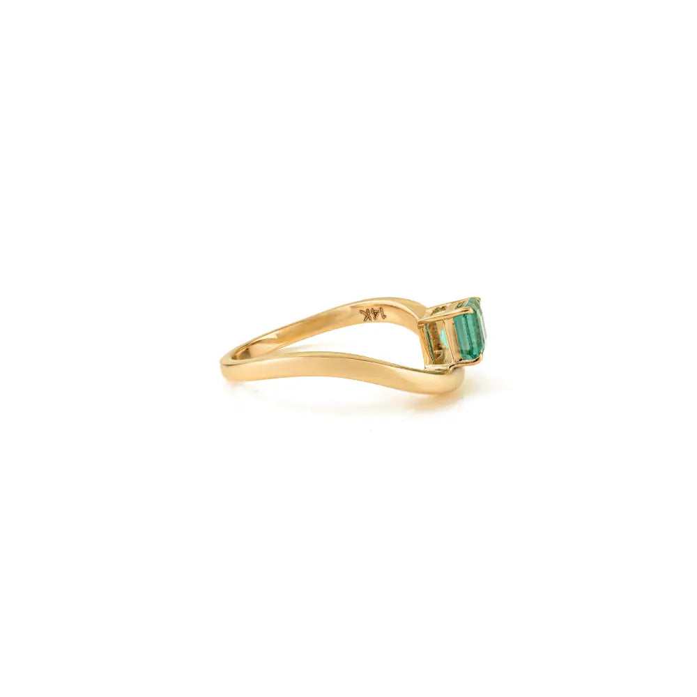 14K Solid Yellow Gold Natural Emerald Curve Wavy Ring Simple Everyday Jewelry Unisex