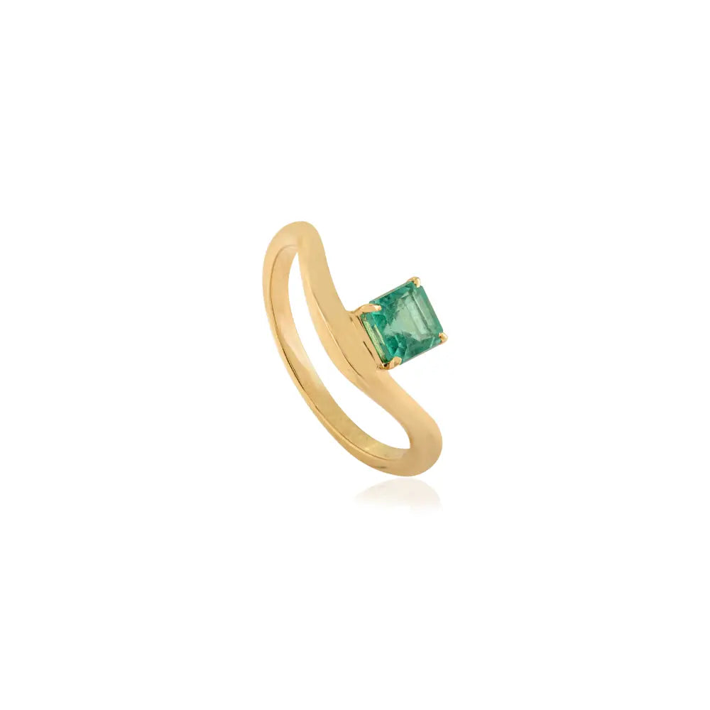 14K Solid Yellow Gold Natural Emerald Curve Wavy Ring Simple Everyday Jewelry Unisex
