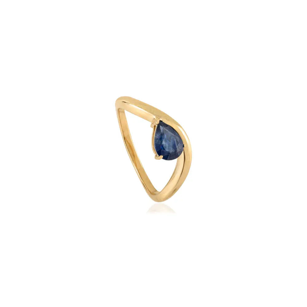 New Trending 14K Yellow Gold Blue Sapphire Curve Wavy Ring Latest Jewelry Collection
