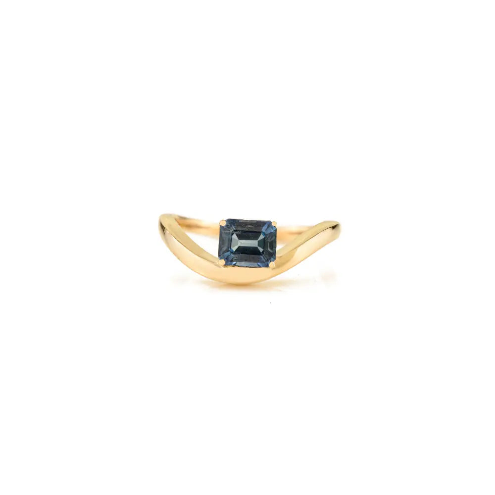Dainty Simple Design Blue Sapphire Prong Set Wavy Band Ring 14K Real Yellow Gold Jewelry