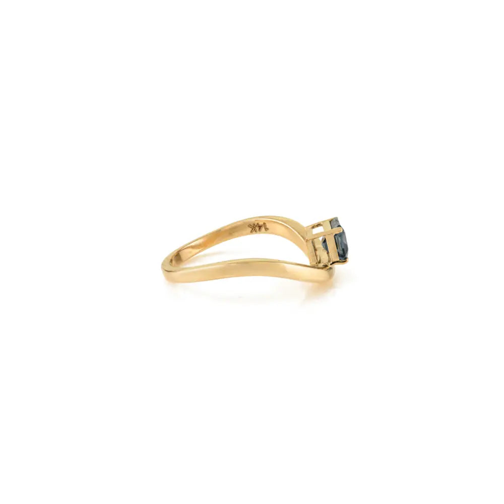 Dainty Simple Design Blue Sapphire Prong Set Wavy Band Ring 14K Real Yellow Gold Jewelry