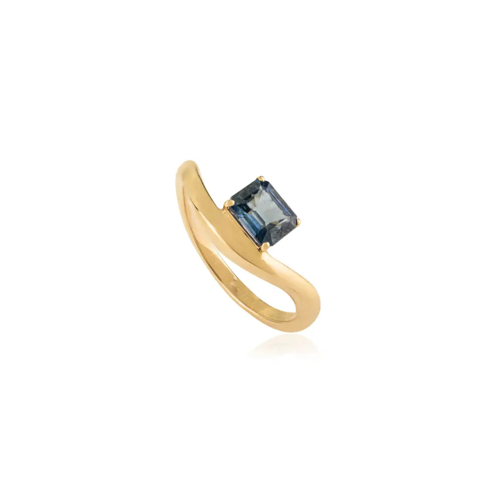 Dainty Simple Design Blue Sapphire Prong Set Wavy Band Ring 14K Real Yellow Gold Jewelry