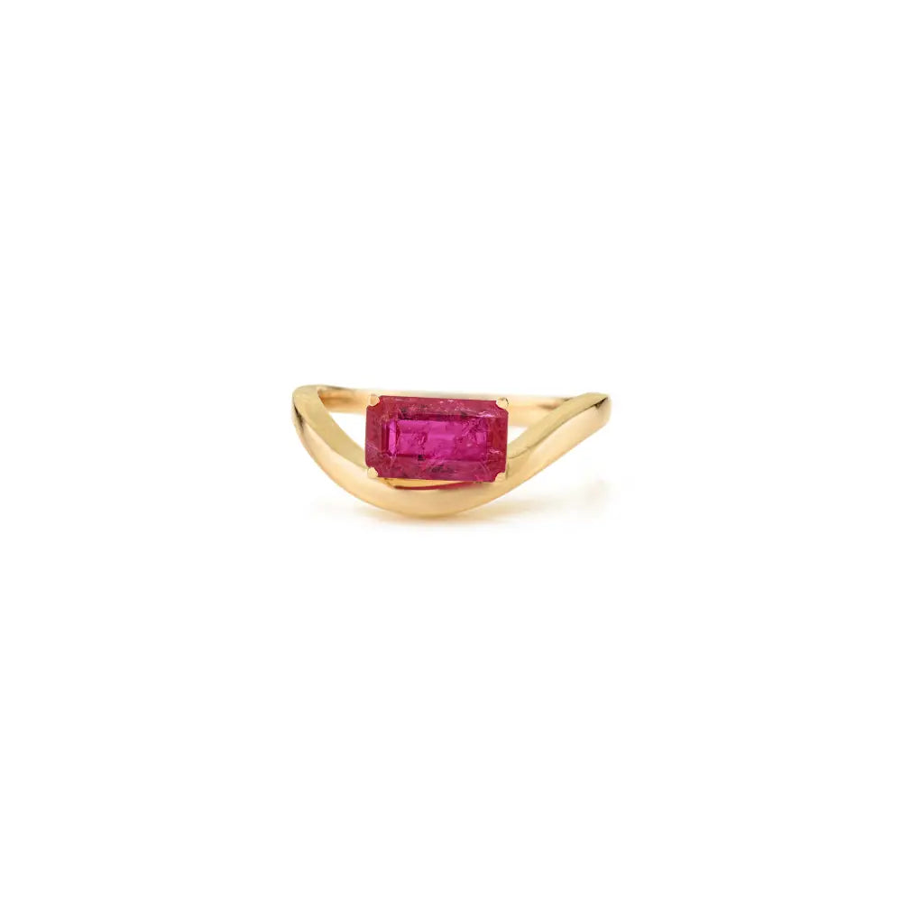 Prong Set Real Gemstone Ruby 14K Solid Yellow Gold Curve Wavy Ring Anniversary Gift