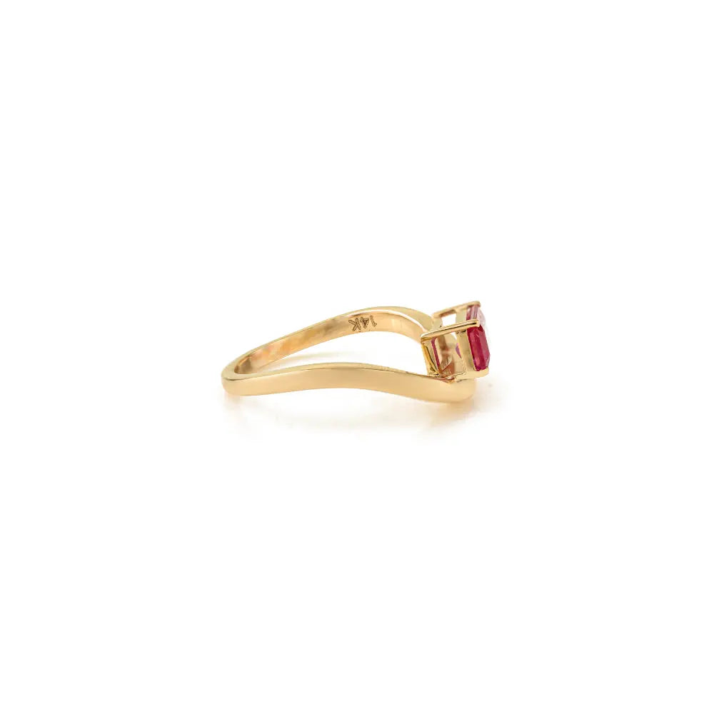 Prong Set Real Gemstone Ruby 14K Solid Yellow Gold Curve Wavy Ring Anniversary Gift