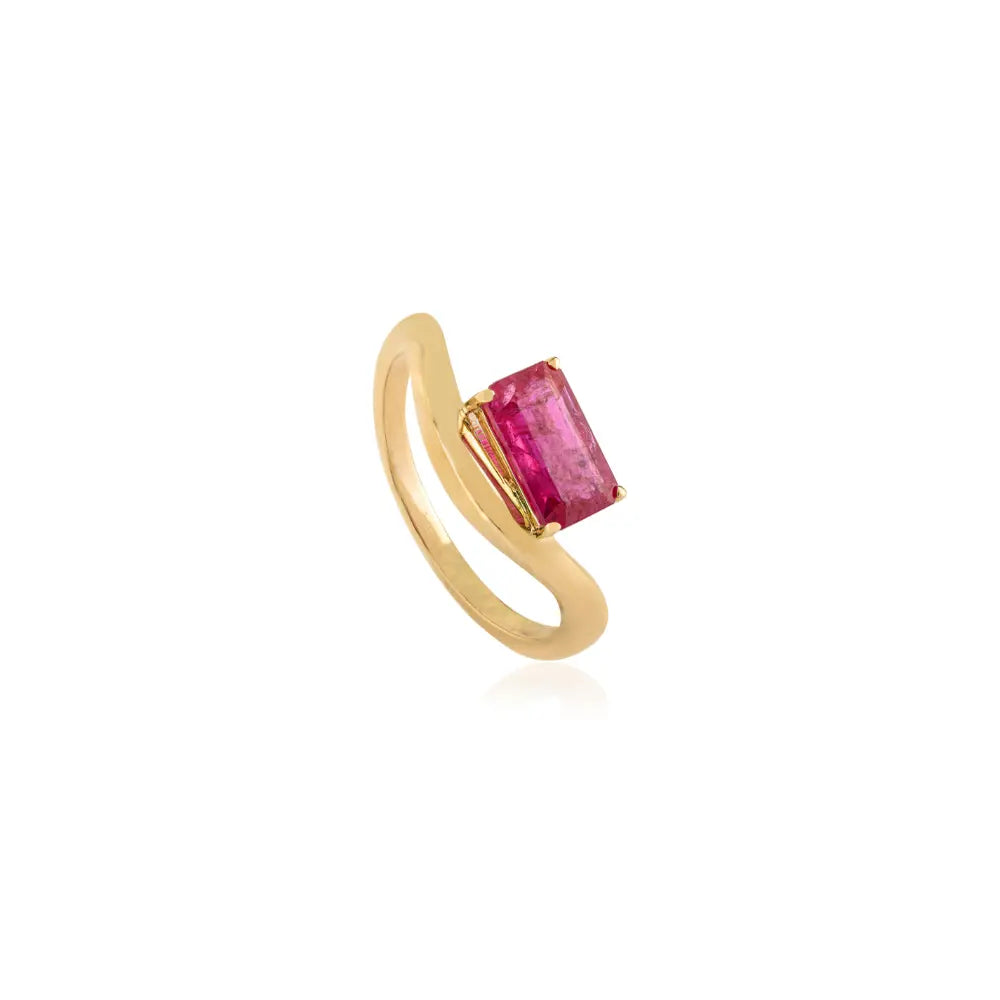 Prong Set Real Gemstone Ruby 14K Solid Yellow Gold Curve Wavy Ring Anniversary Gift