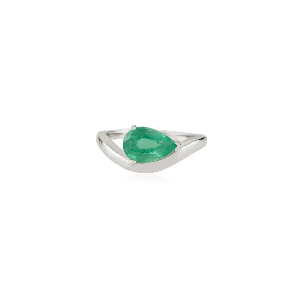 9x6 mm Pear Shape Zambian Emerald Fine Statement Wavy Band Ring 14K Solid White Gold
