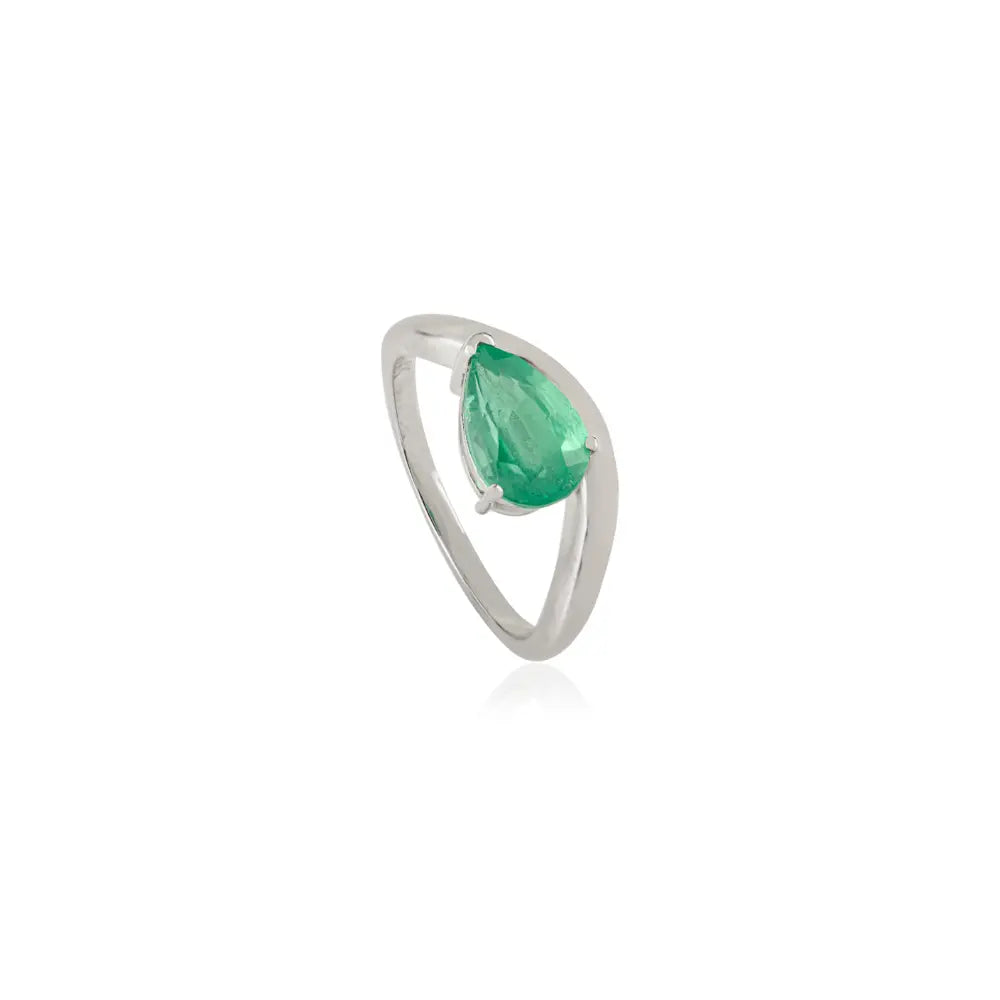 9x6 mm Pear Shape Zambian Emerald Fine Statement Wavy Band Ring 14K Solid White Gold