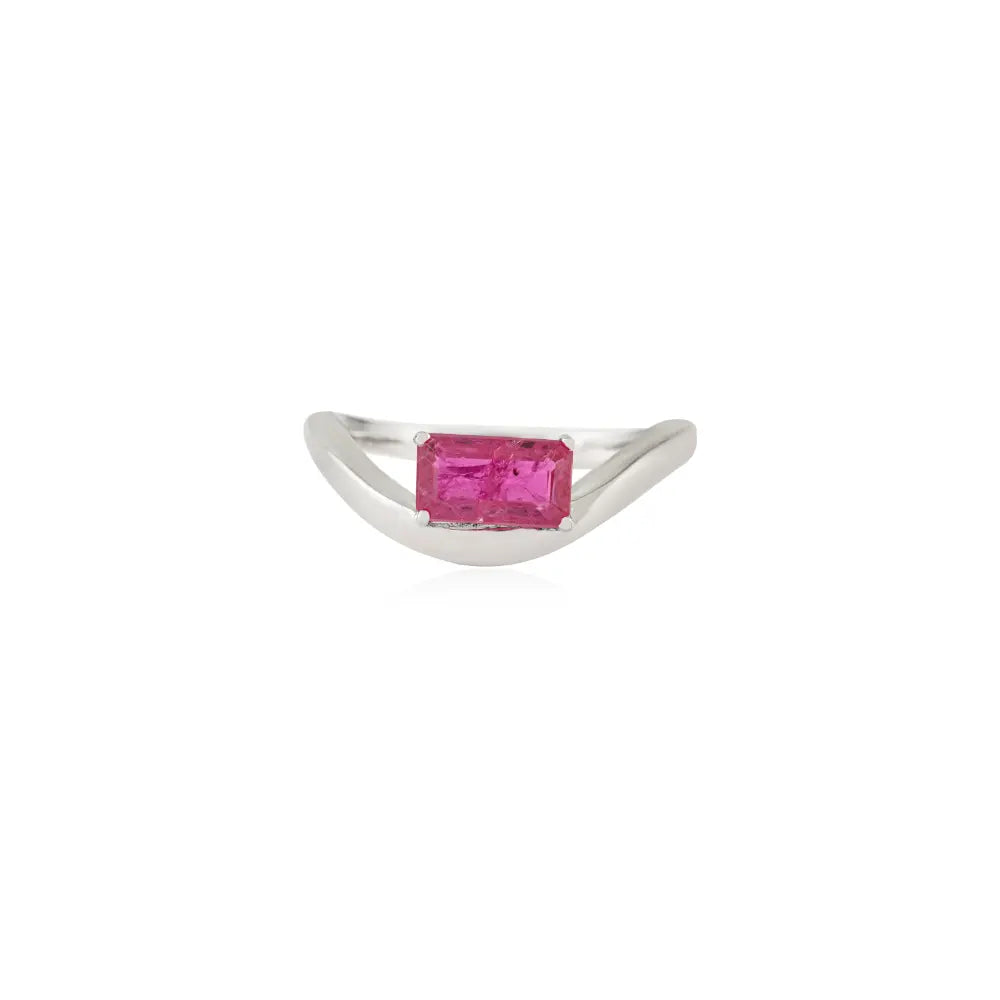Octagon Cut Ruby Handmade 14K White Gold Curve Shape Wavy Ring Anniversary Gift