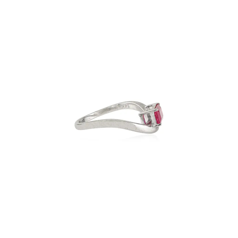 Octagon Cut Ruby Handmade 14K White Gold Curve Shape Wavy Ring Anniversary Gift