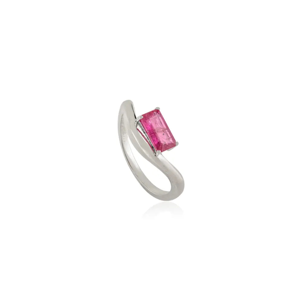Octagon Cut Ruby Handmade 14K White Gold Curve Shape Wavy Ring Anniversary Gift