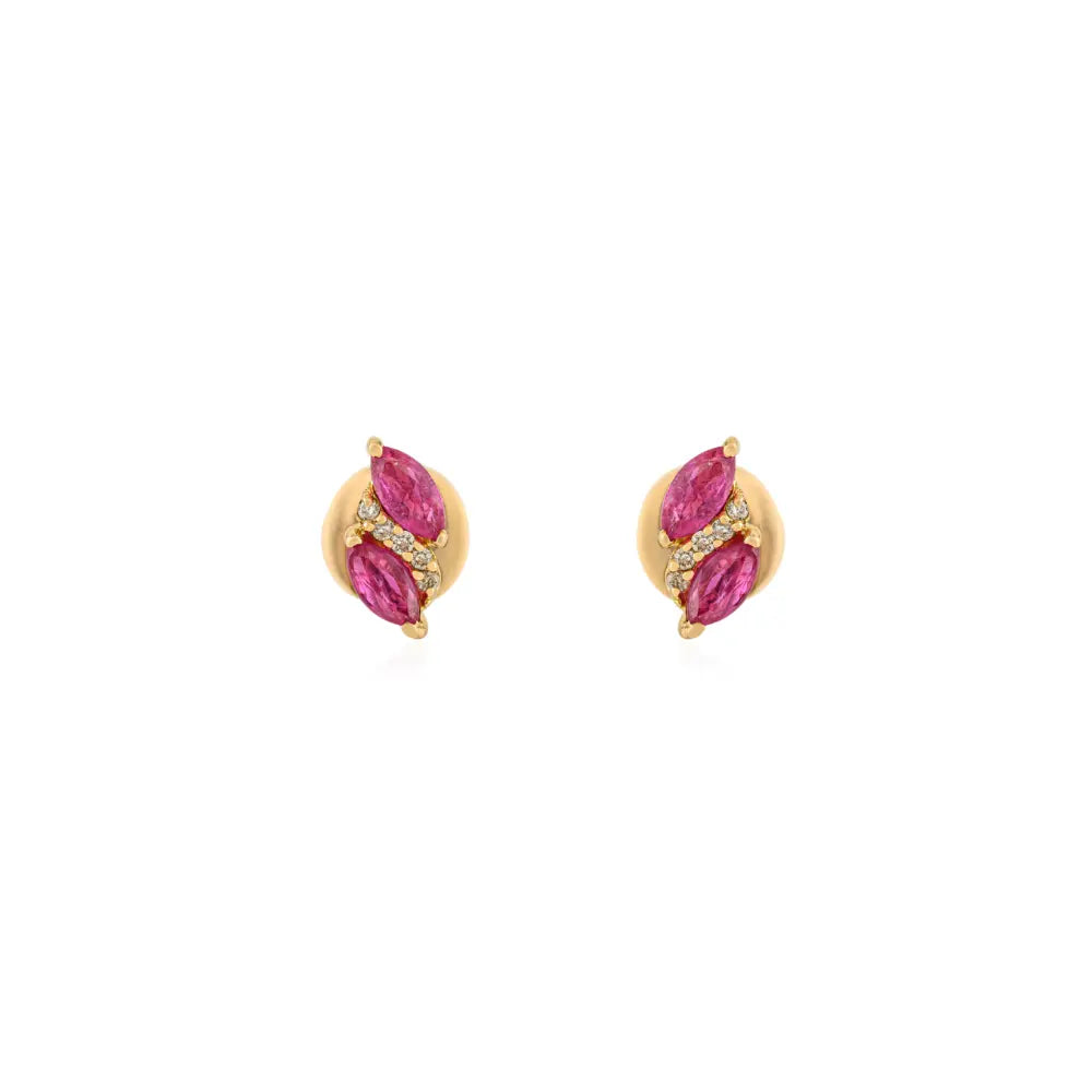 Marquise Shape Ruby & Diamond Minimalist Stud Earrings 14K Real Yellow Gold Gift For Her