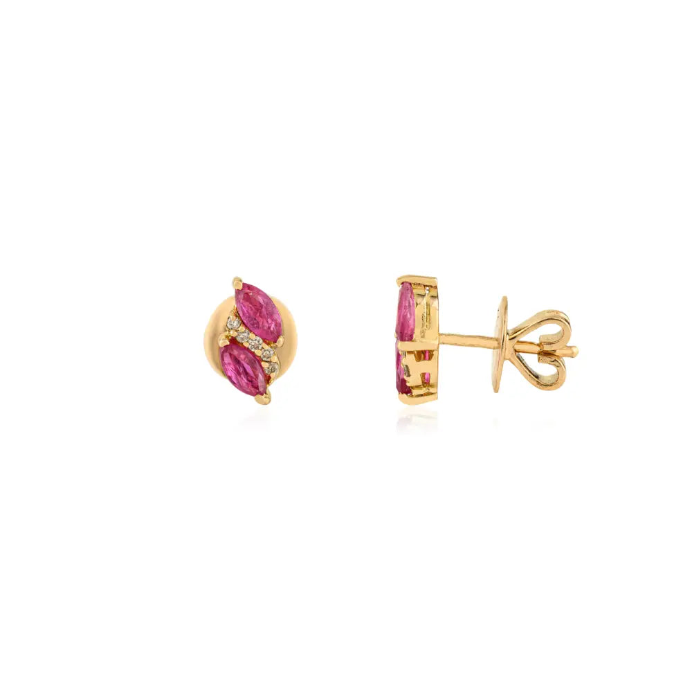 Marquise Shape Ruby & Diamond Minimalist Stud Earrings 14K Real Yellow Gold Gift For Her