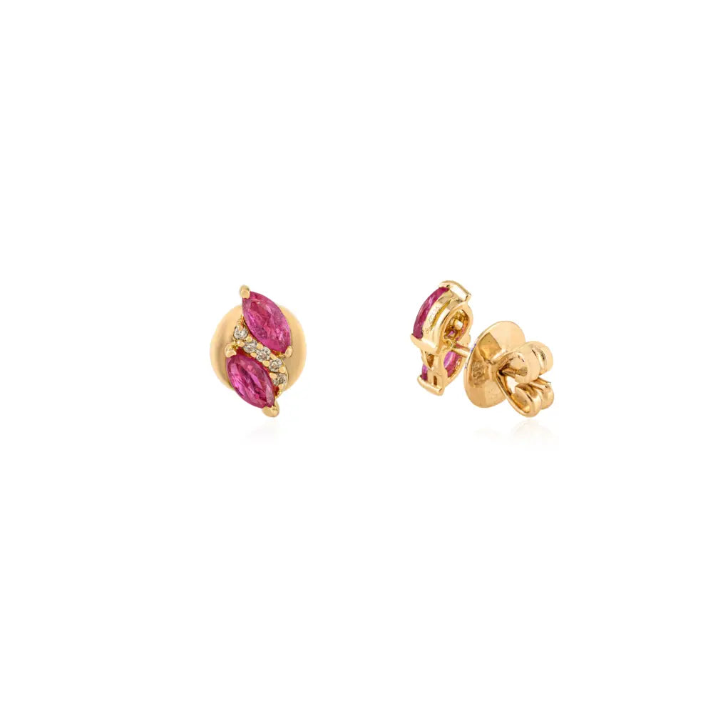 Marquise Shape Ruby & Diamond Minimalist Stud Earrings 14K Real Yellow Gold Gift For Her