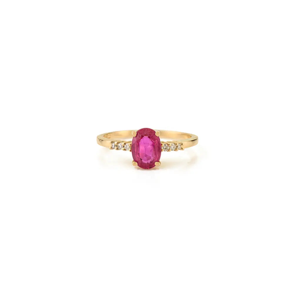 Oval Shape Ruby & Round Cut Diamond Simple Design Engagement Ring 14K Yellow Gold