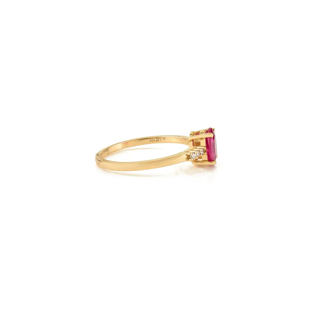 Oval Shape Ruby & Round Cut Diamond Simple Design Engagement Ring 14K Yellow Gold
