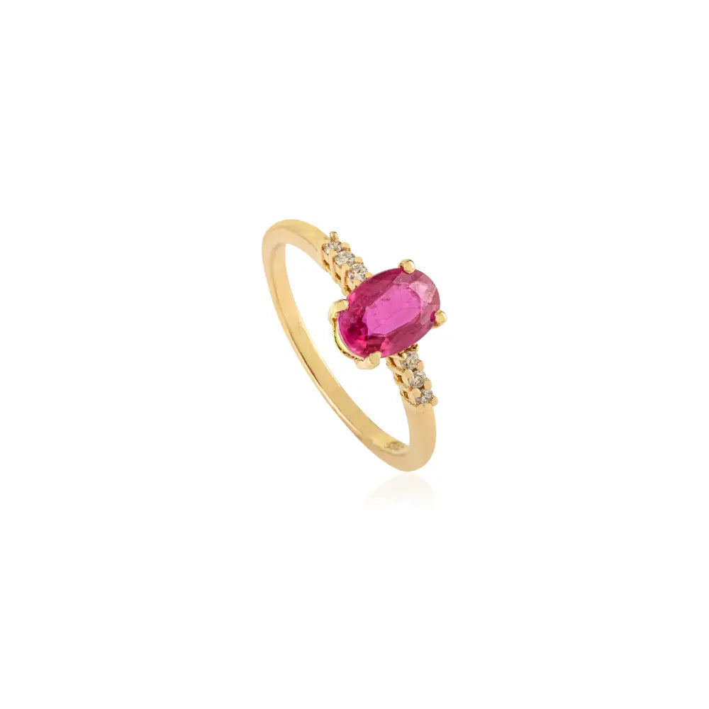 Oval Shape Ruby & Round Cut Diamond Simple Design Engagement Ring 14K Yellow Gold