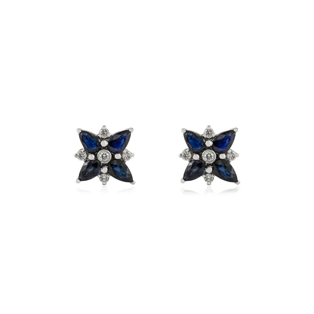 Unique Design 14K White Gold Blue Sapphire & Diamond Flower Stud Earrings For Women