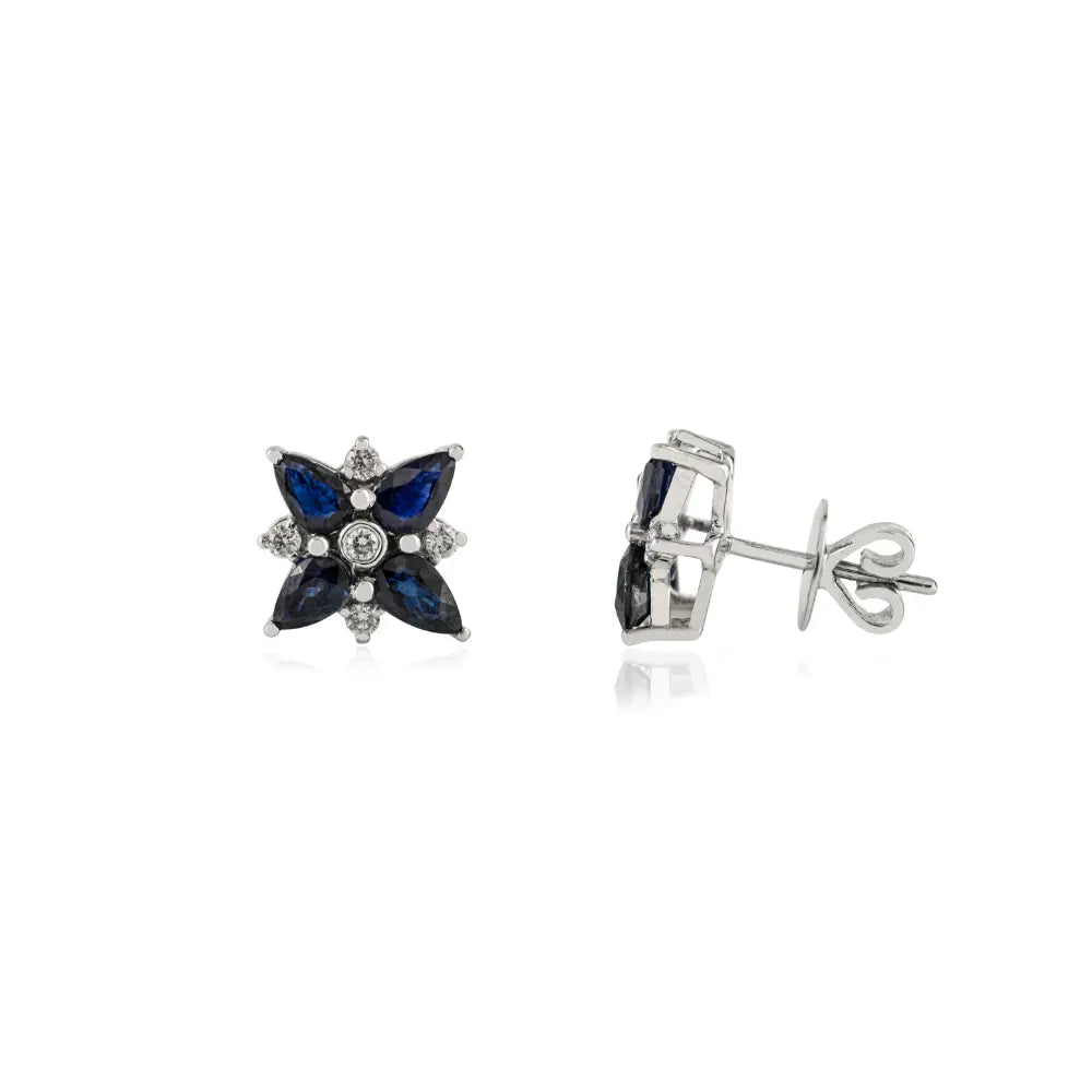 Unique Design 14K White Gold Blue Sapphire & Diamond Flower Stud Earrings For Women