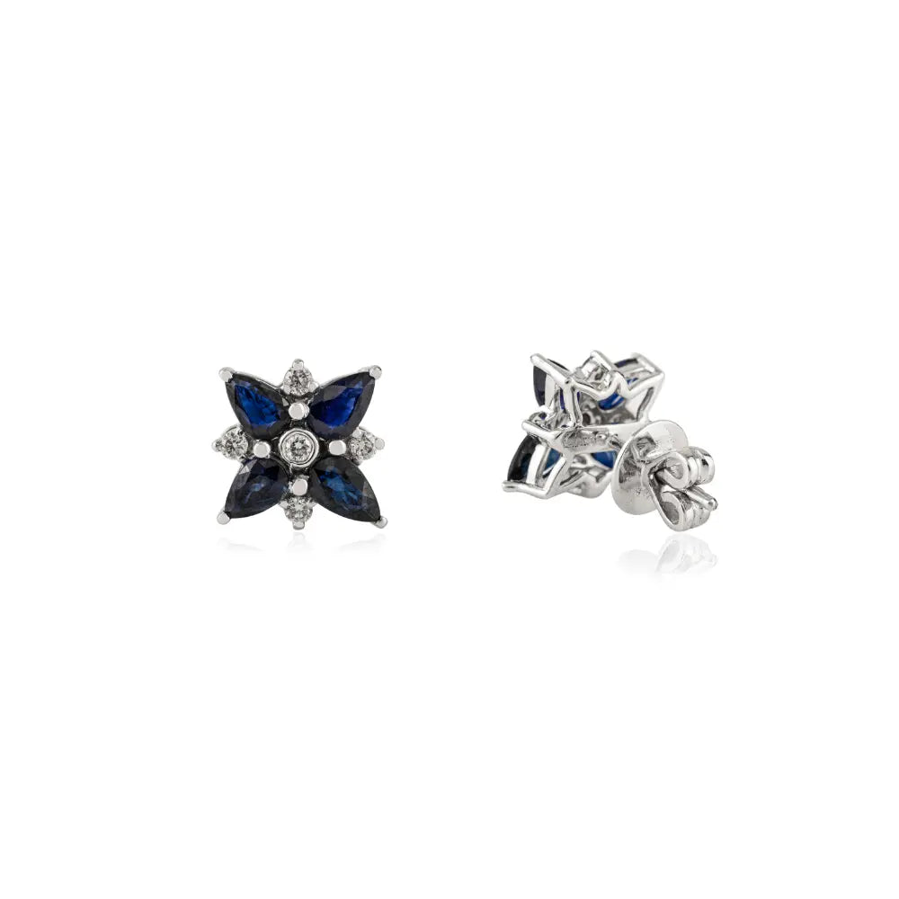 Unique Design 14K White Gold Blue Sapphire & Diamond Flower Stud Earrings For Women