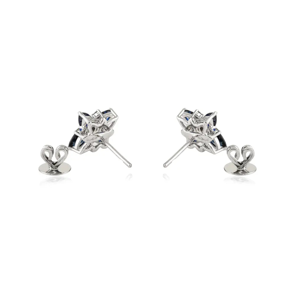 Unique Design 14K White Gold Blue Sapphire & Diamond Flower Stud Earrings For Women