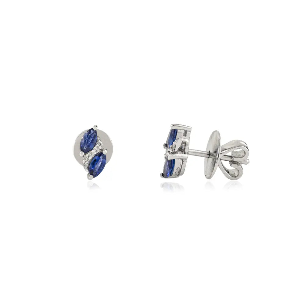 September Birthstone Blue Sapphire & Diamond Minimal Stud Earrings 14K Solid Gold Jewelry