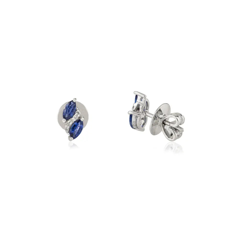 September Birthstone Blue Sapphire & Diamond Minimal Stud Earrings 14K Solid Gold Jewelry