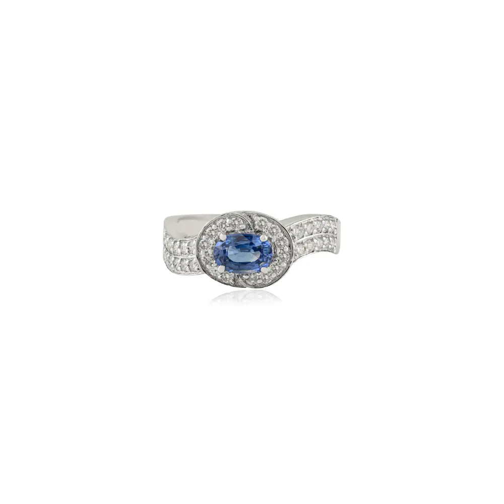 Oval Blue Sapphire & Diamond Double Layer Statement Ring K14 White Gold Fine Jewelry