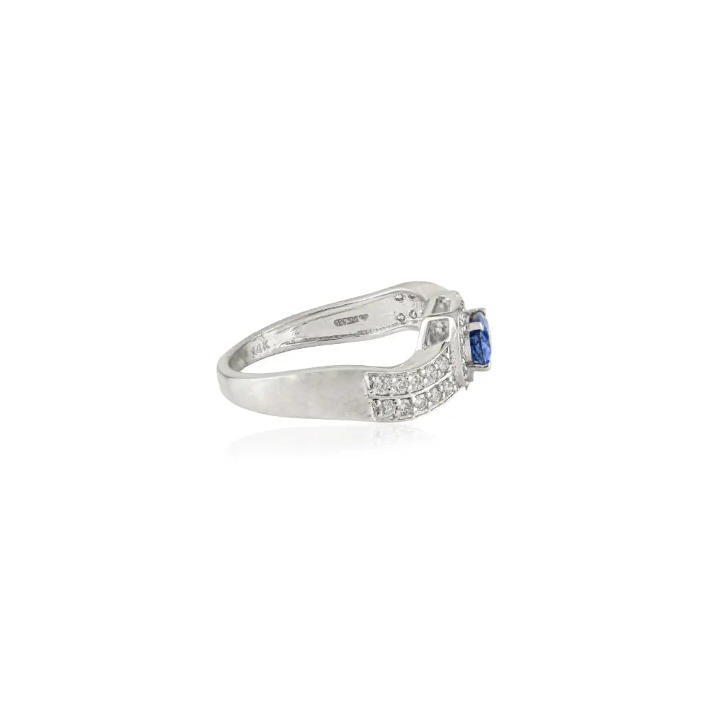 Oval Blue Sapphire & Diamond Double Layer Statement Ring K14 White Gold Fine Jewelry