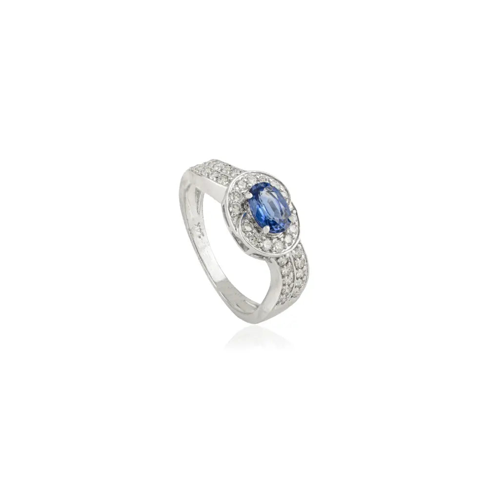 Oval Blue Sapphire & Diamond Double Layer Statement Ring K14 White Gold Fine Jewelry