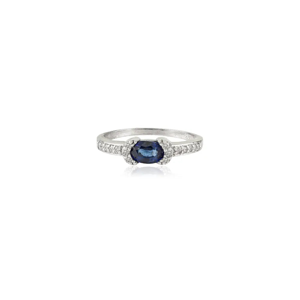 Fine Half Bezel Set Blue Sapphire & Diamond 14K White Gold Engagement Ring Manufacturer