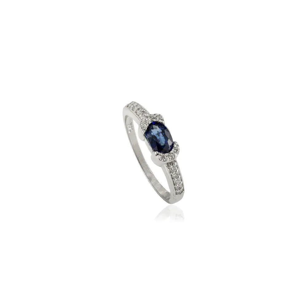 Fine Half Bezel Set Blue Sapphire & Diamond 14K White Gold Engagement Ring Manufacturer