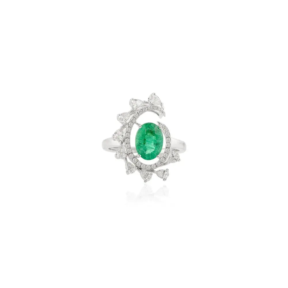 Designer Jewelry Natural Emerald & Diamond 18K White Gold Cocktail Ring