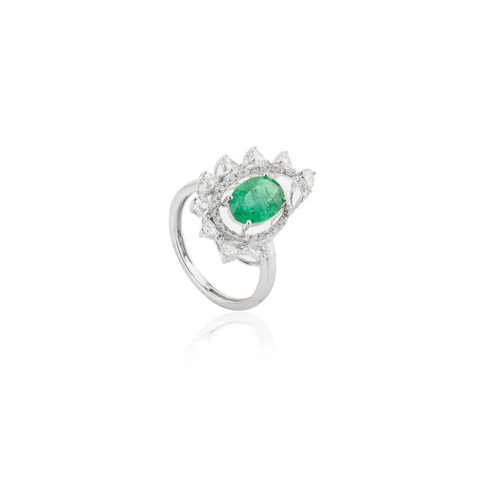 Designer Jewelry Natural Emerald & Diamond 18K White Gold Cocktail Ring