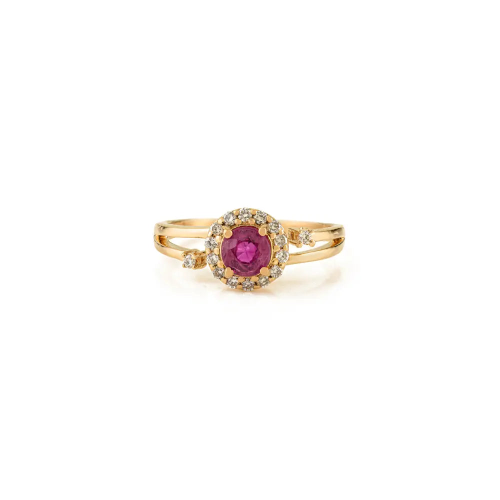 Real Round Ruby & Diamond Cluster Split Shank Ring For Women 14K Yellow Gold Gift For Wife