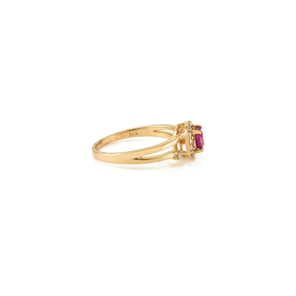 Real Round Ruby & Diamond Cluster Split Shank Ring For Women 14K Yellow Gold Gift For Wife