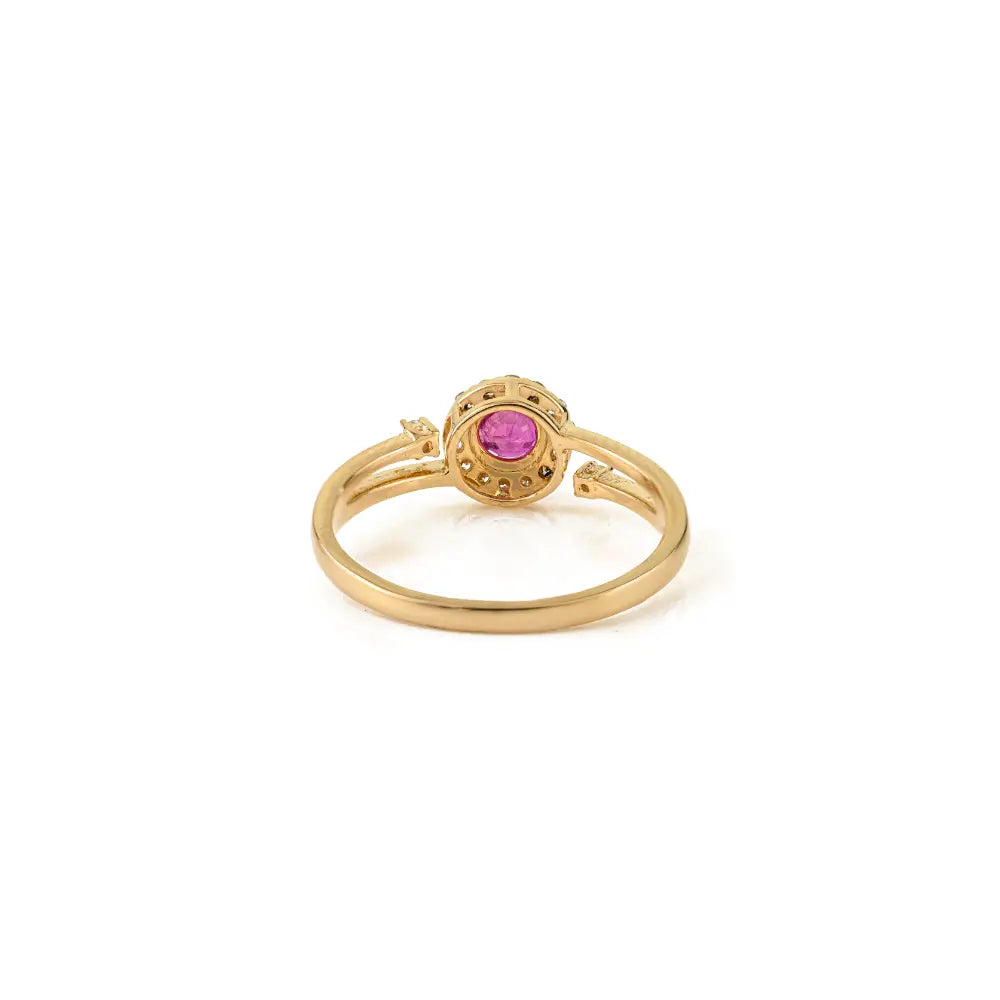 Real Round Ruby & Diamond Cluster Split Shank Ring For Women 14K Yellow Gold Gift For Wife