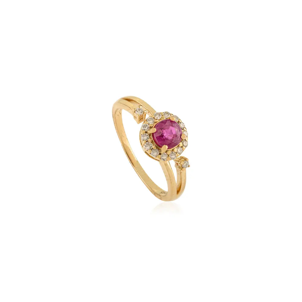 Real Round Ruby & Diamond Cluster Split Shank Ring For Women 14K Yellow Gold Gift For Wife
