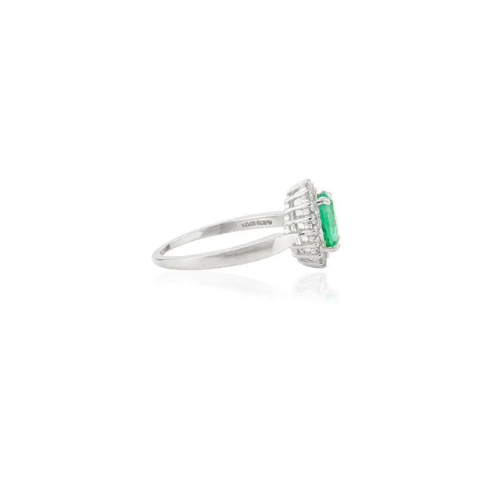 Oval Cut Emerald & Diamond Solid 18K White Gold Halo Engagement Ring