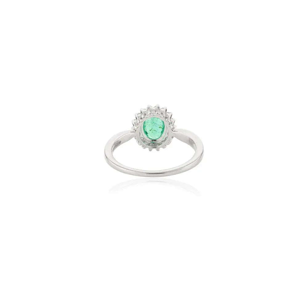 Oval Cut Emerald & Diamond Solid 18K White Gold Halo Engagement Ring