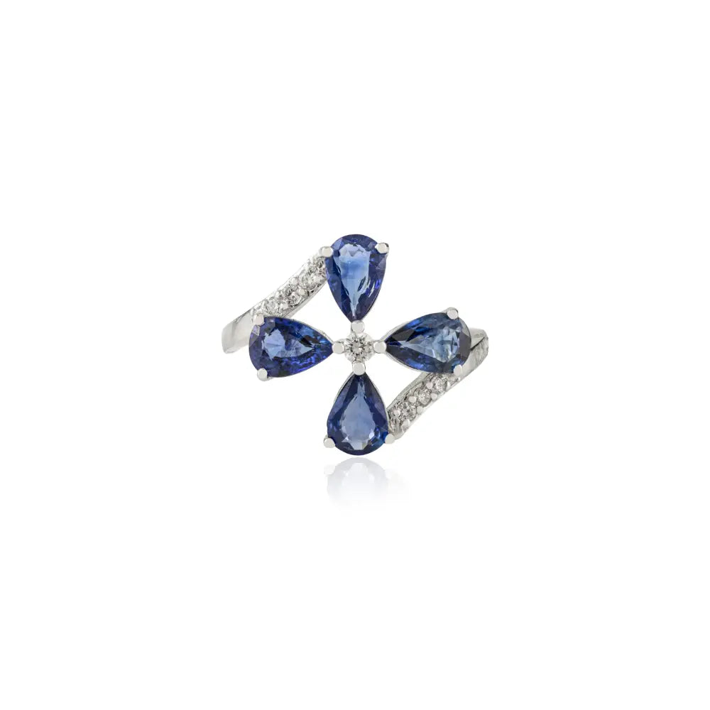 Unique Design 14K Real White Gold Blue Sapphire & Diamond Fine Flower Ring For Wedding