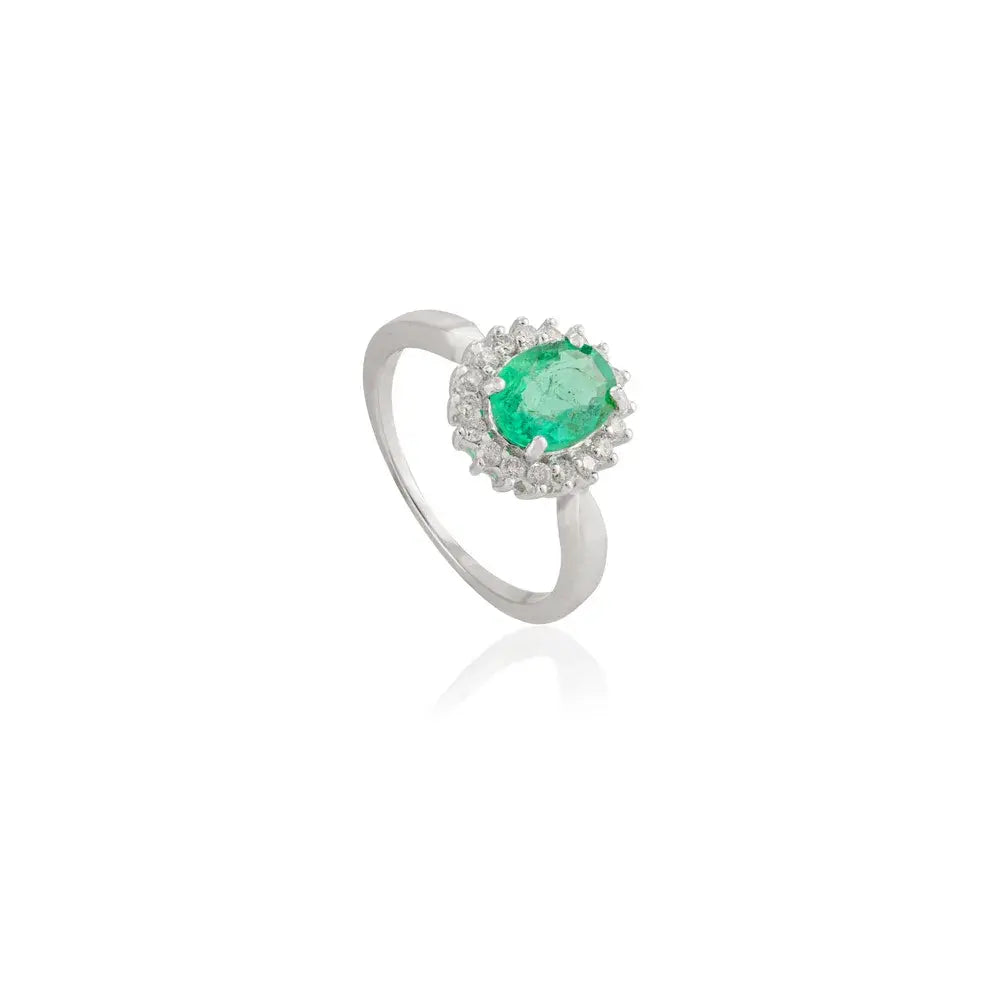 Oval Cut Emerald & Diamond Solid 18K White Gold Halo Engagement Ring