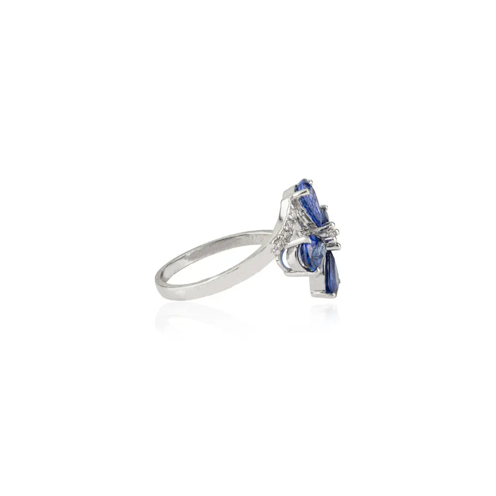 Unique Design 14K Real White Gold Blue Sapphire & Diamond Fine Flower Ring For Wedding