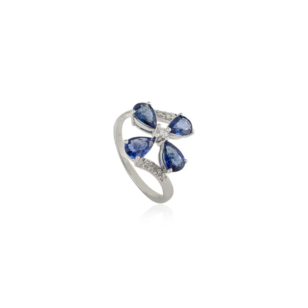 Unique Design 14K Real White Gold Blue Sapphire & Diamond Fine Flower Ring For Wedding