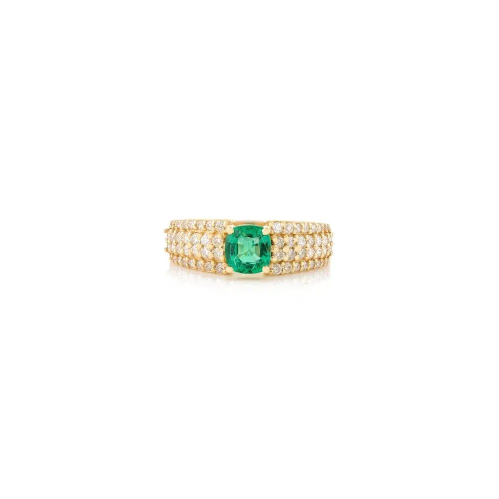 Cushion Cut Emerald & Diamond K18 Yellow Gold Engagement Band Ring