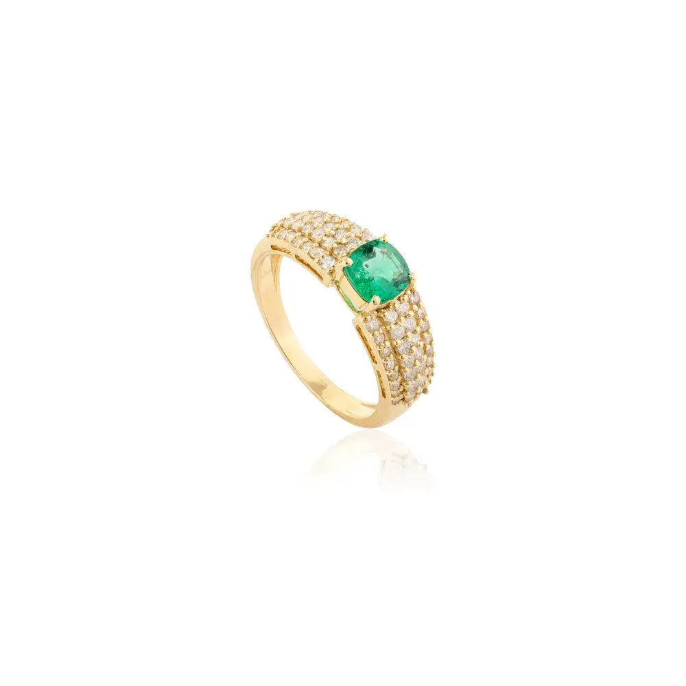 Cushion Cut Emerald & Diamond K18 Yellow Gold Engagement Band Ring