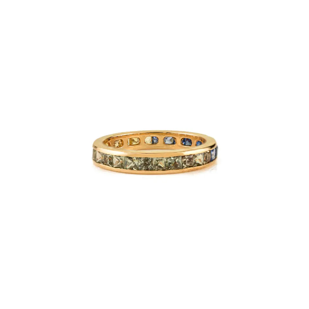 Stunning Square Cut Multi Sapphire Channel Set Full Eternity Band Ring K14 Real Yellow Gold