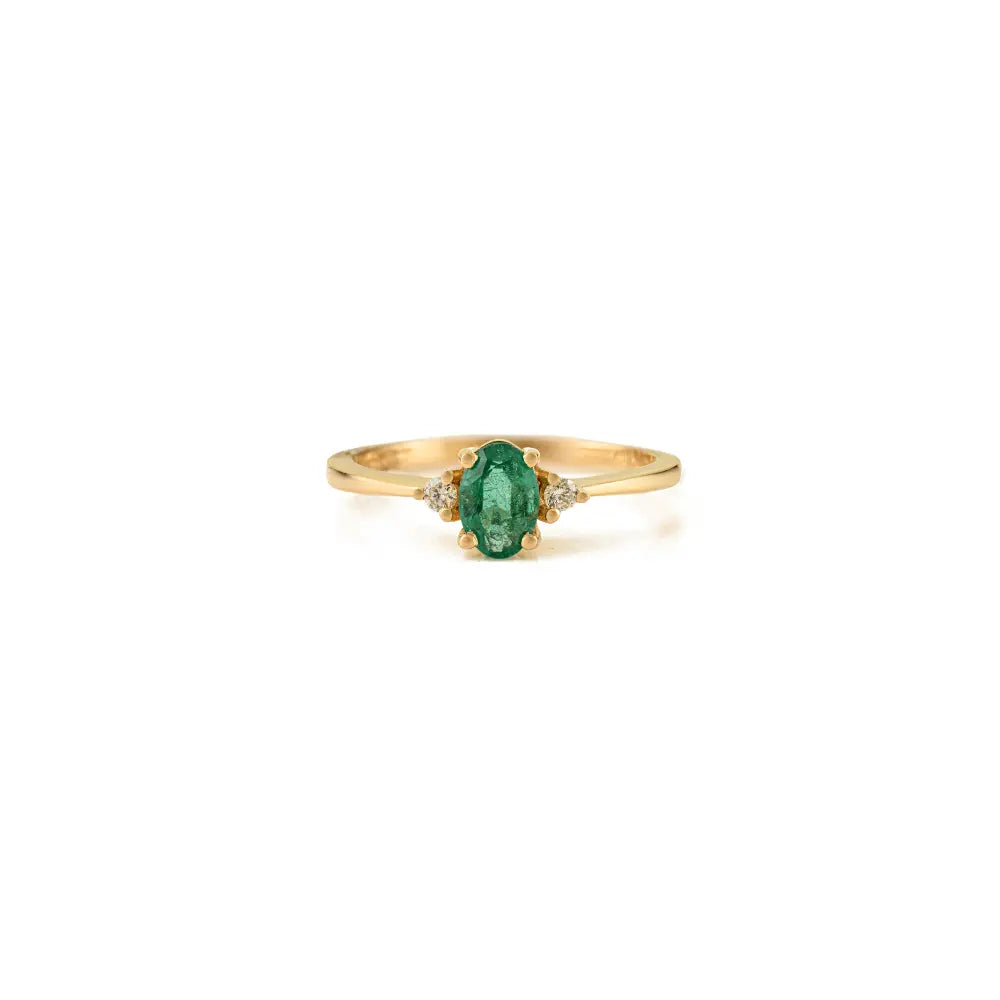 Minimalist Natural Emerald & Diamond Dainty Gemstone Ring 14K Real Yellow Gold Jewelry