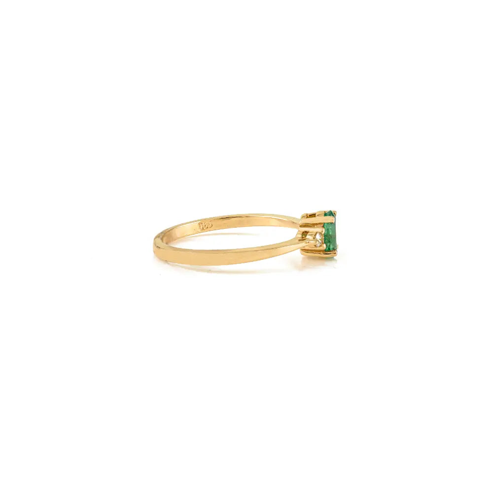 Minimalist Natural Emerald & Diamond Dainty Gemstone Ring 14K Real Yellow Gold Jewelry