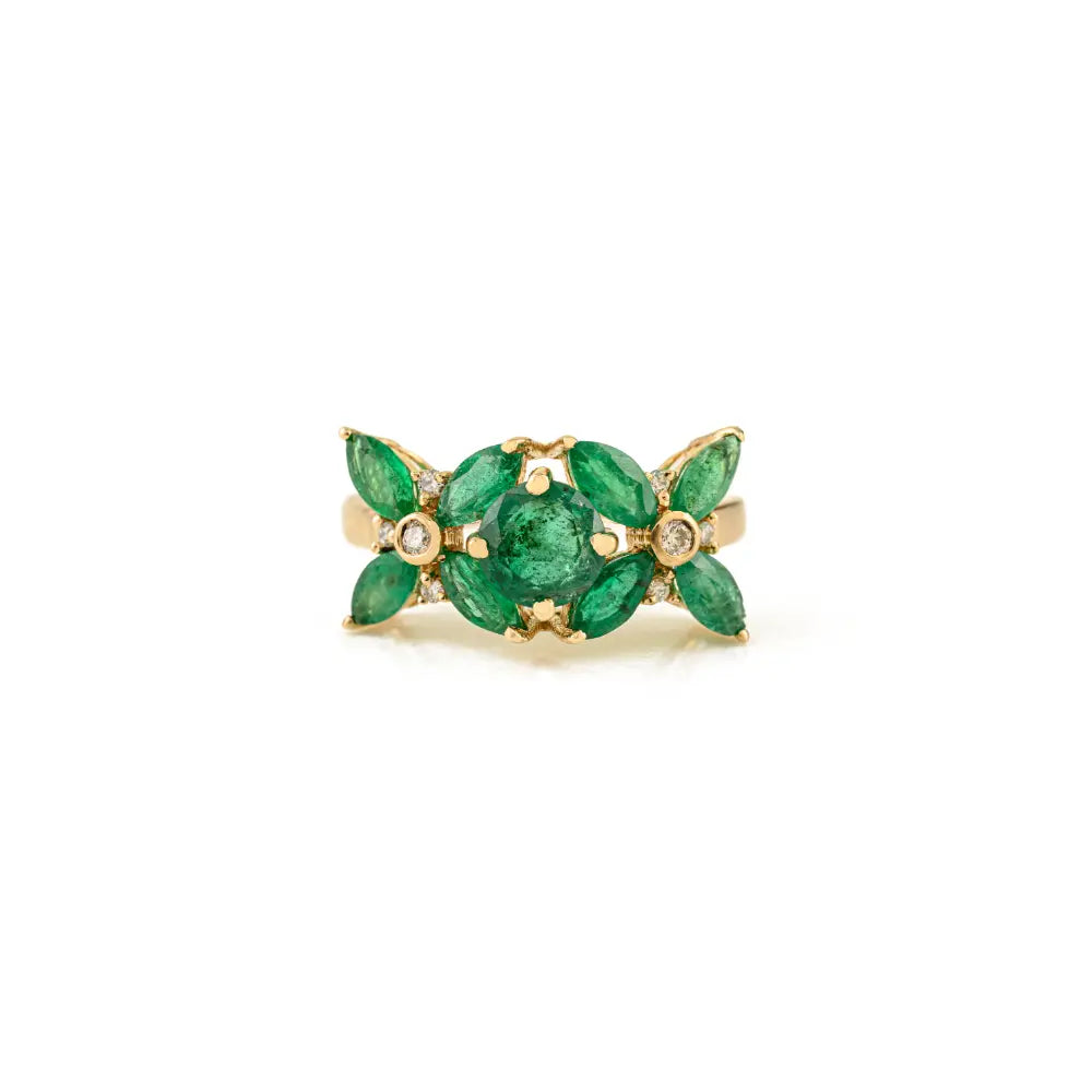 New Designer Flower Ring Featuring Emerald & Diamond Wedding Jewelry 14K Yellow Gold