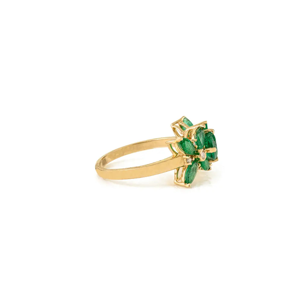 New Designer Flower Ring Featuring Emerald & Diamond Wedding Jewelry 14K Yellow Gold